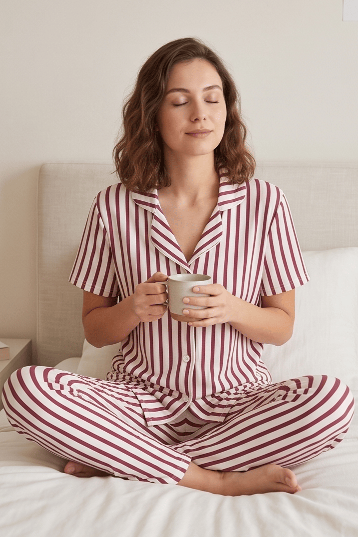Bordo Beyaz Çizgili Pijama Takımı, Düğmeli Kısa Kollu Şeritli Pijama Seti