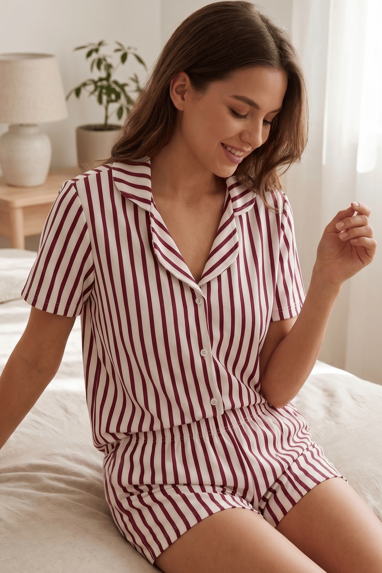 Bordo Beyaz Çizgili Şortlu Kadın Pijama Takımı, Şerit Desenli Pijama Seti