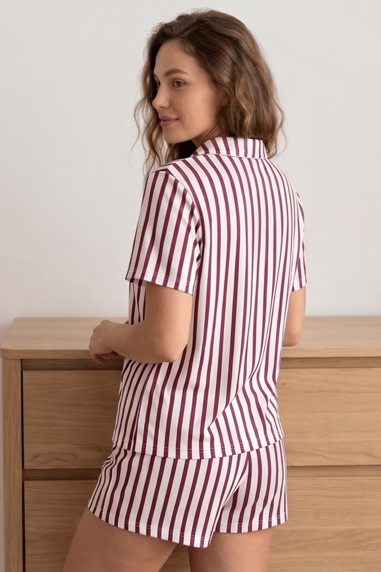 Bordo Beyaz Çizgili Şortlu Kadın Pijama Takımı, Şerit Desenli Pijama Seti