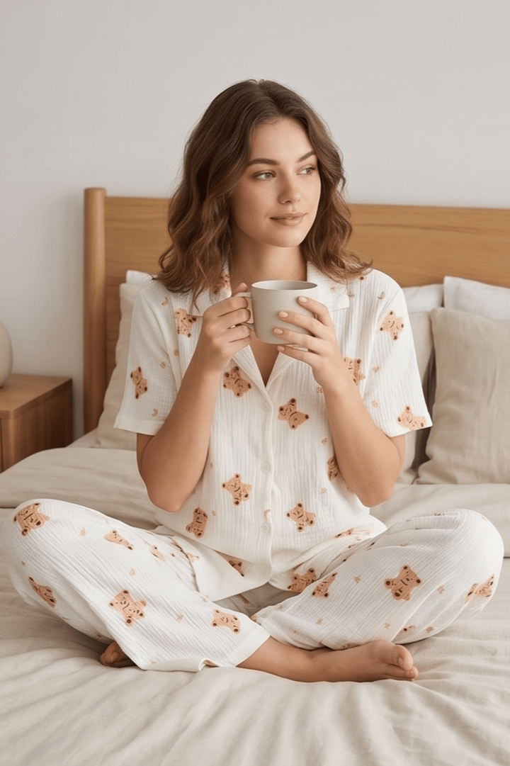 Bürümcük Kumaş Kısa Kollu Sevimli Ayıcık Desenli Pijama Takımı