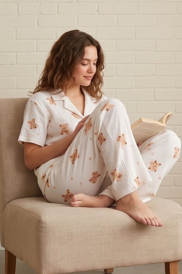 Bürümcük Kumaş Kısa Kollu Sevimli Ayıcık Desenli Pijama Takımı