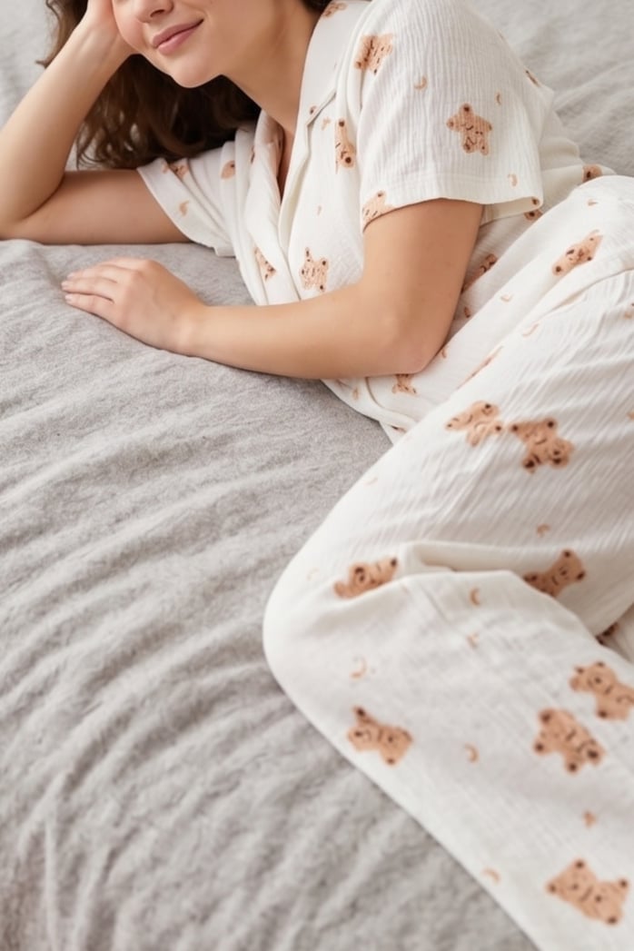 Bürümcük Kumaş Kısa Kollu Sevimli Ayıcık Desenli Pijama Takımı