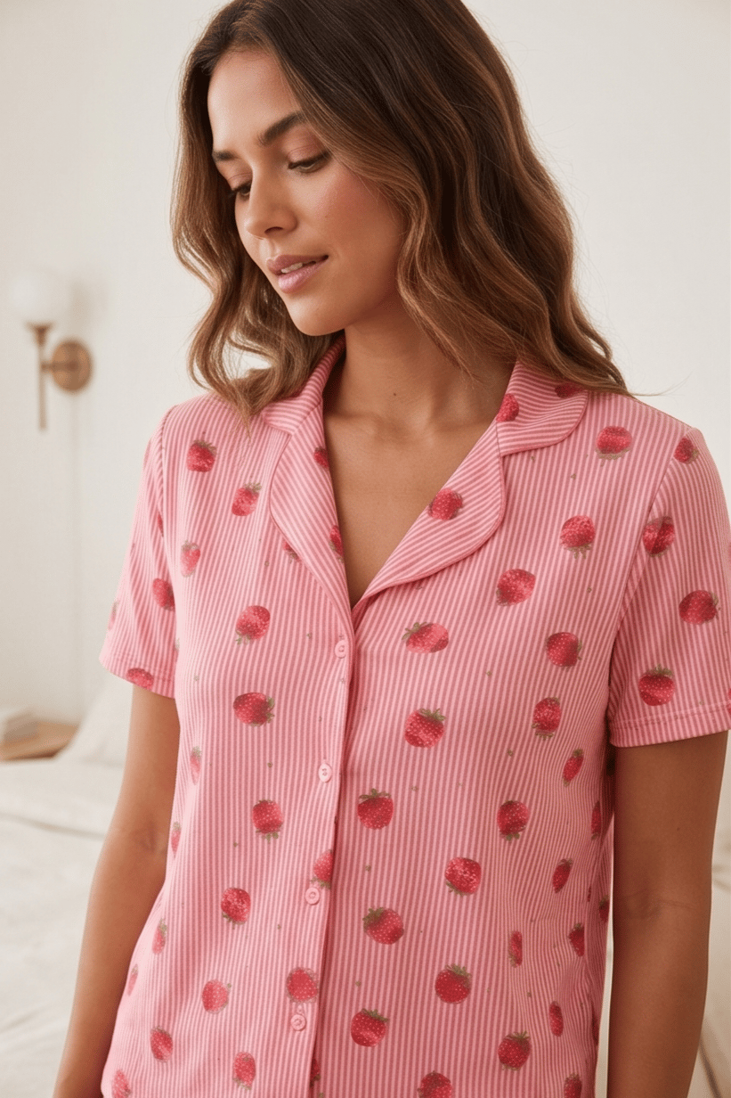 Çilek Desenli Şeritli Pembe Kısa Kollu Şortlu Pijama Takımı