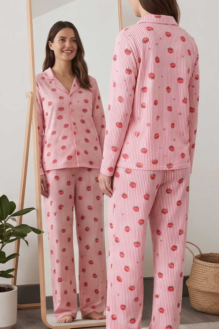 Çilek Desenli Şeritli Pembe Uzun Kollu Pijama Takımı