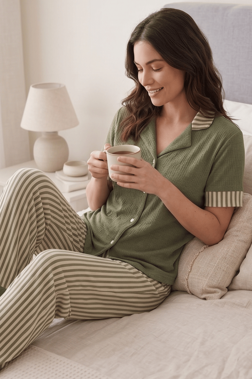 Çizgili Kısa Kollu Haki Pijama Takımı, Şeritli Pijama Takımı