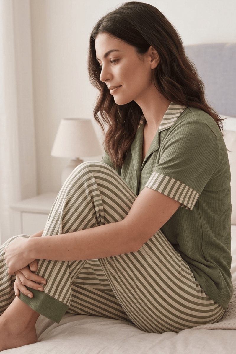 Çizgili Kısa Kollu Haki Pijama Takımı, Şeritli Pijama Takımı