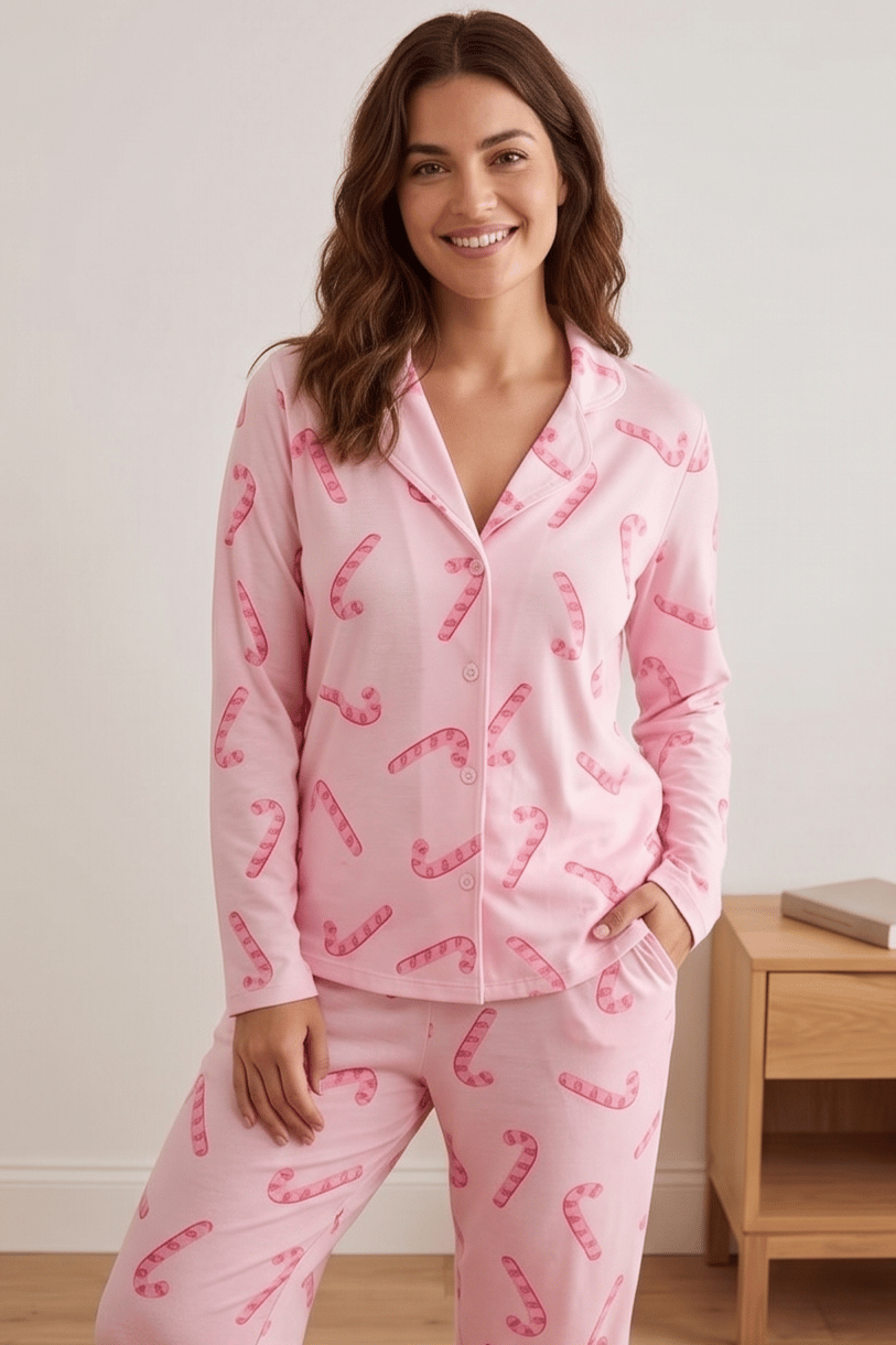 Çoklu Baston Şeker Desenli Pembe Pijama Takımı