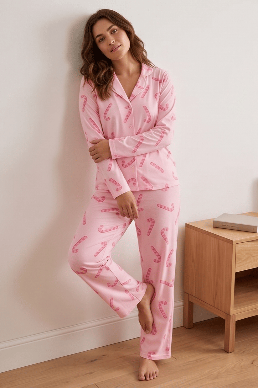 Çoklu Baston Şeker Desenli Pembe Pijama Takımı