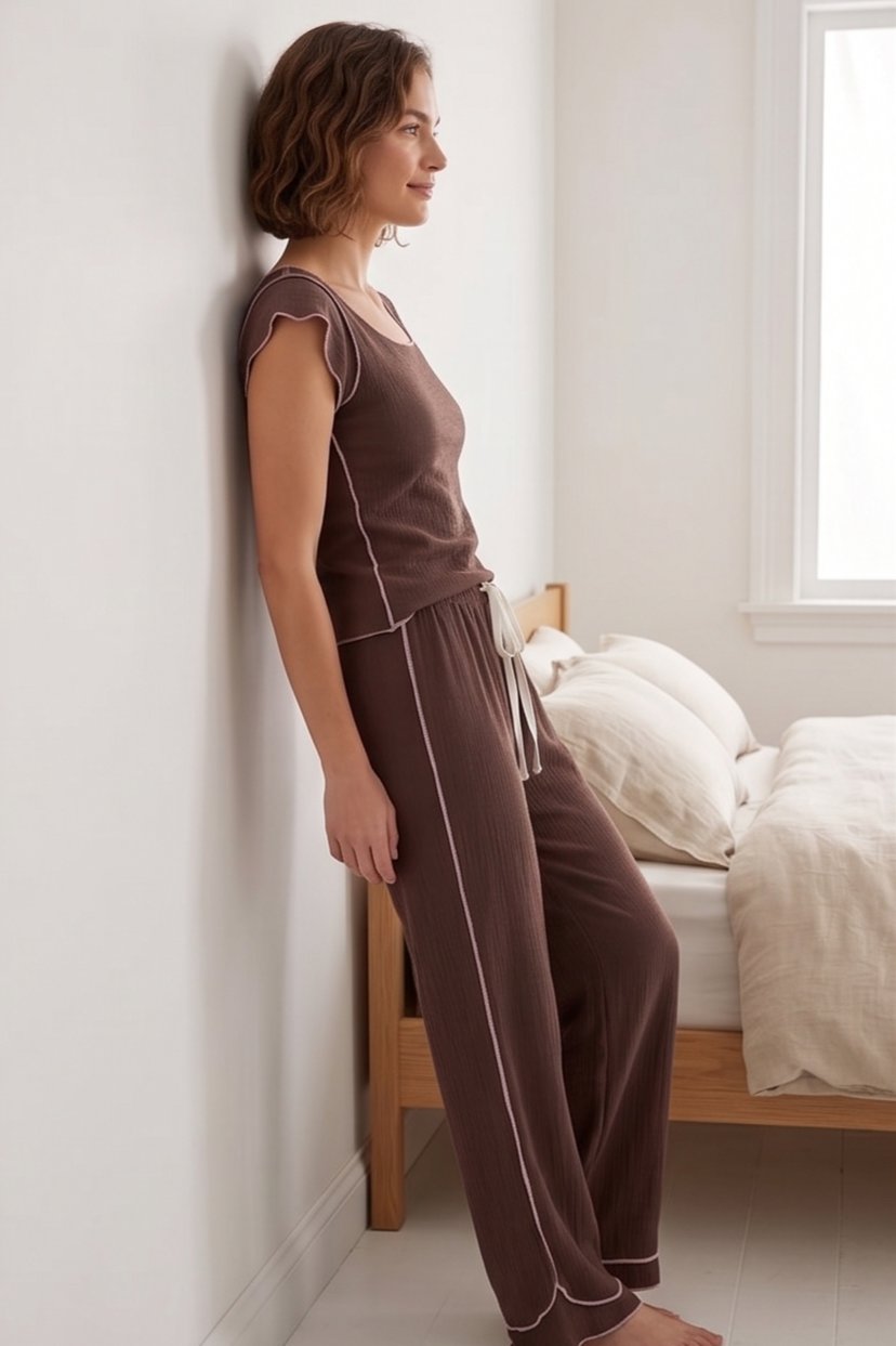Fırfırlı Bürümcük Kumaş Kısa Kollu Kahverengi Pijama Takımı
