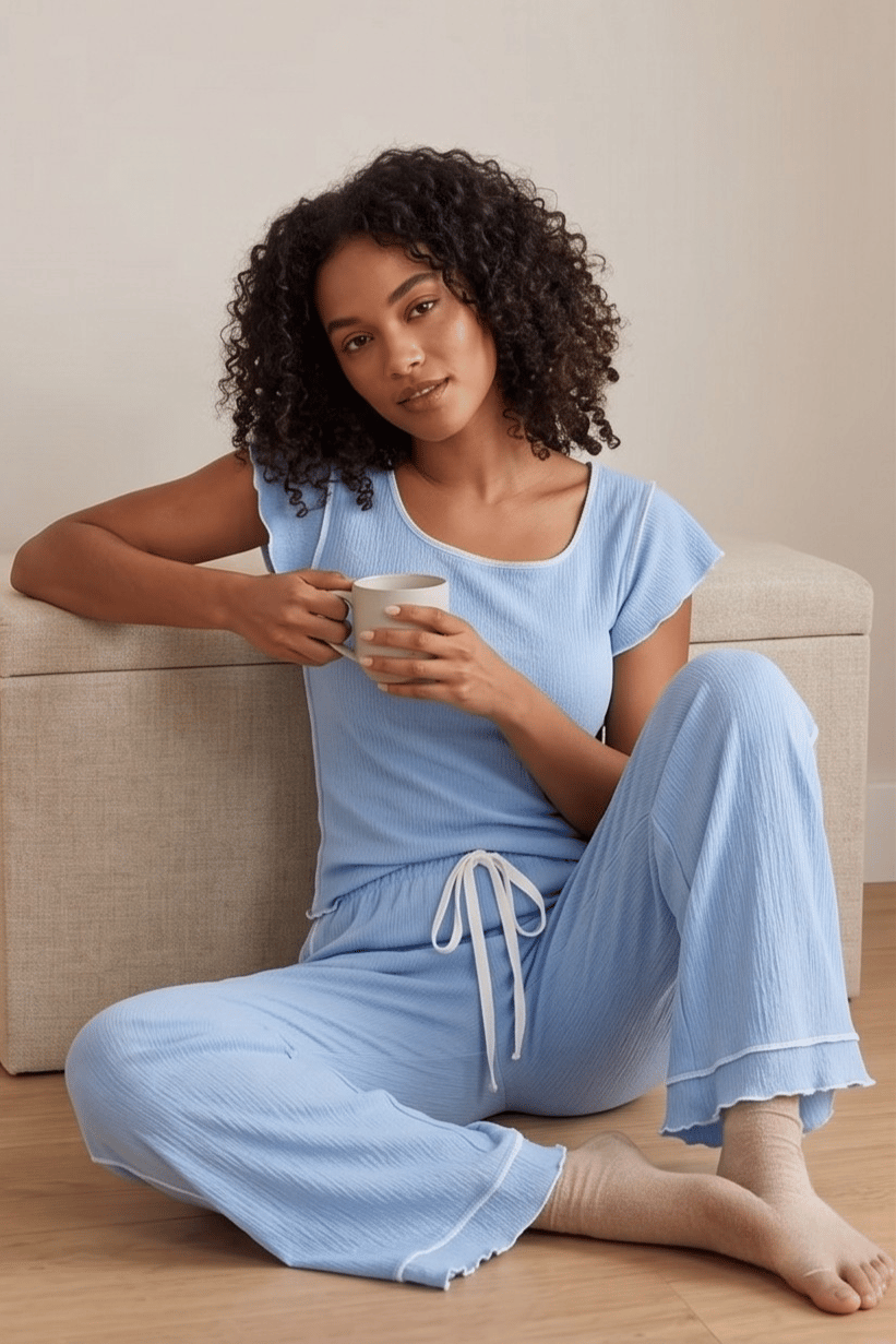 Fırfırlı Bürümcük Kumaş Kısa Kollu Mavi Pijama Takımı