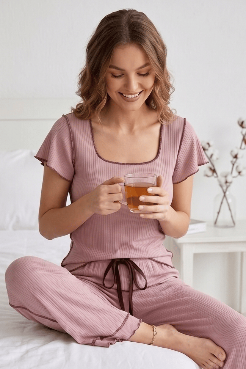 Fırfırlı Bürümcük Kumaş Kısa Kollu Pembe Pijama Takımı