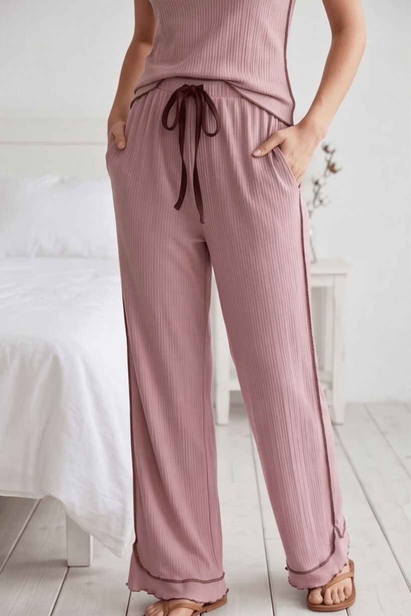 Fırfırlı Bürümcük Kumaş Kısa Kollu Pembe Pijama Takımı