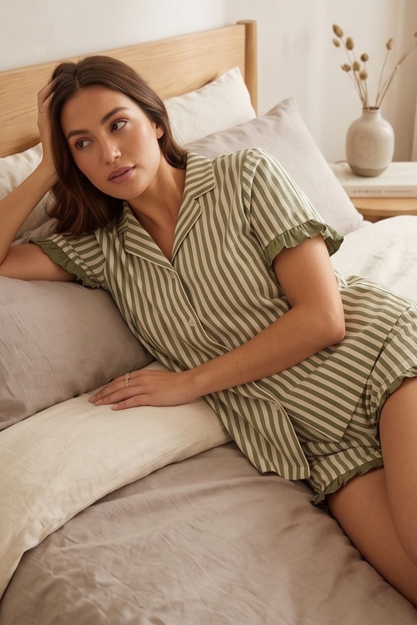 Fırfırlı Bürümcük Kumaş Şortlu Yeşil-Beyaz Çizgili Pijama Takımı