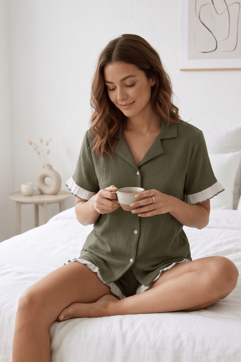 Fırfırlı Bürümcük Kumaş Şortlu Yeşil Pijama Takımı