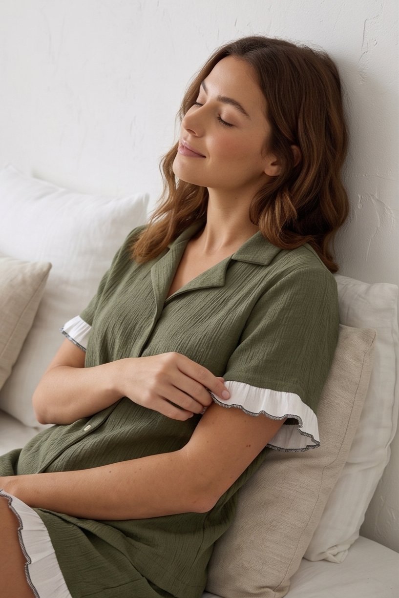 Fırfırlı Bürümcük Kumaş Şortlu Yeşil Pijama Takımı