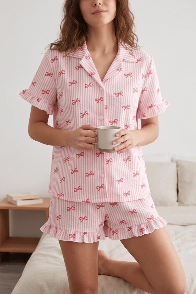 Fırfırlı Kurdele Desenli Bürümcük Kumaş Şortlu Pembe Pijama Takımı