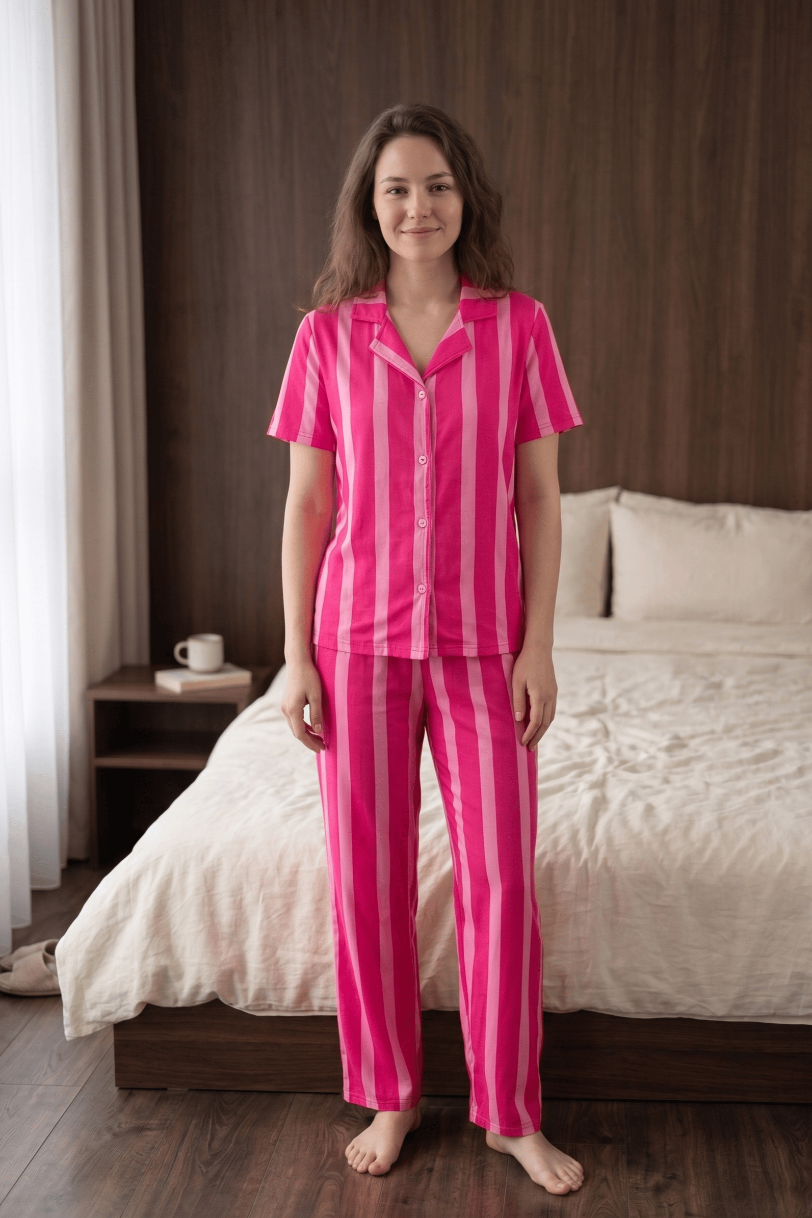 Fuşya-Pembe Çizgili Pijama Takımı, Düğmeli Kısa Kollu Şeritli Pijama Seti