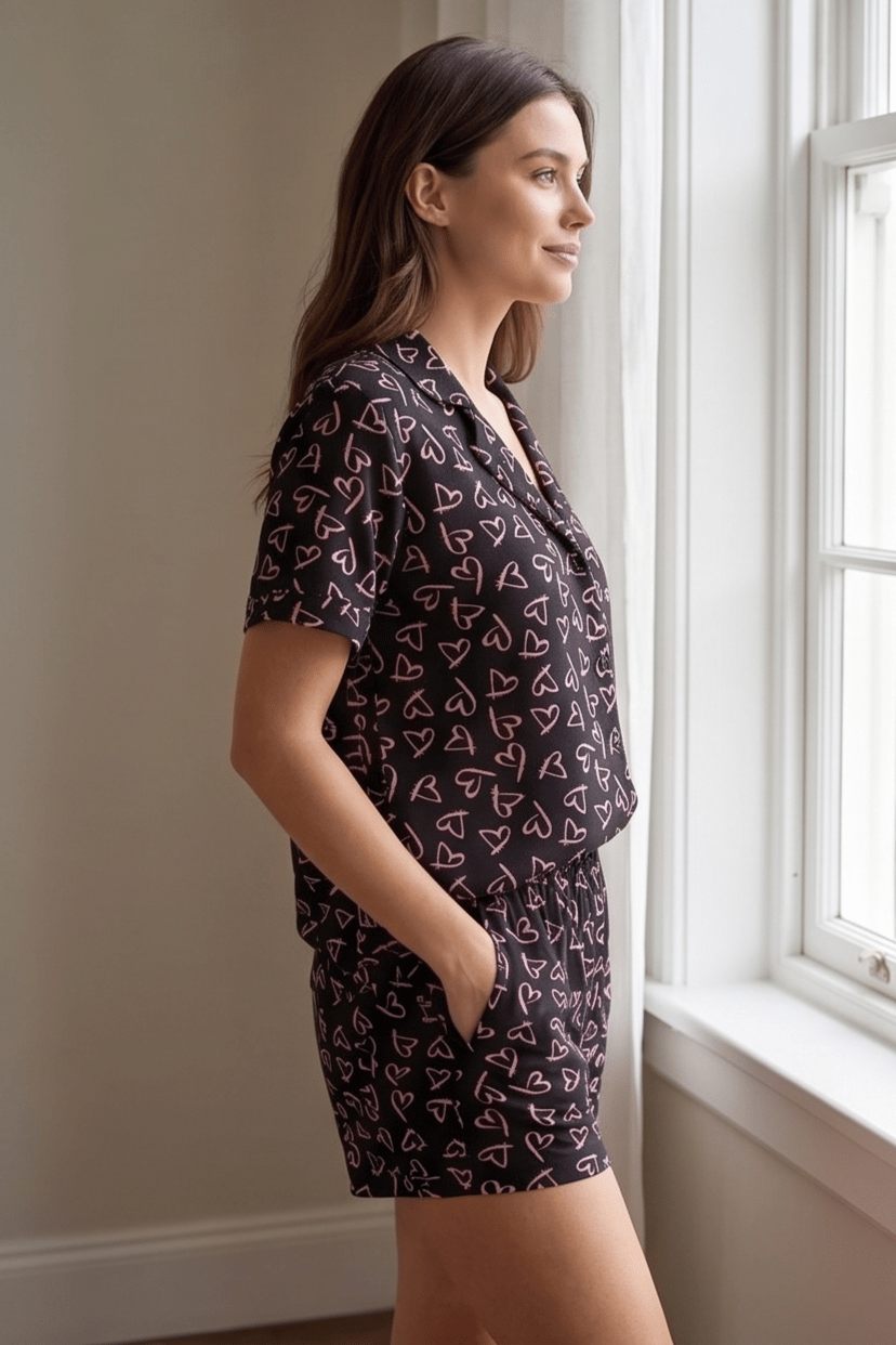 Kısa Kollu Çoklu Kalp Desenli Siyah Pijama Takımı