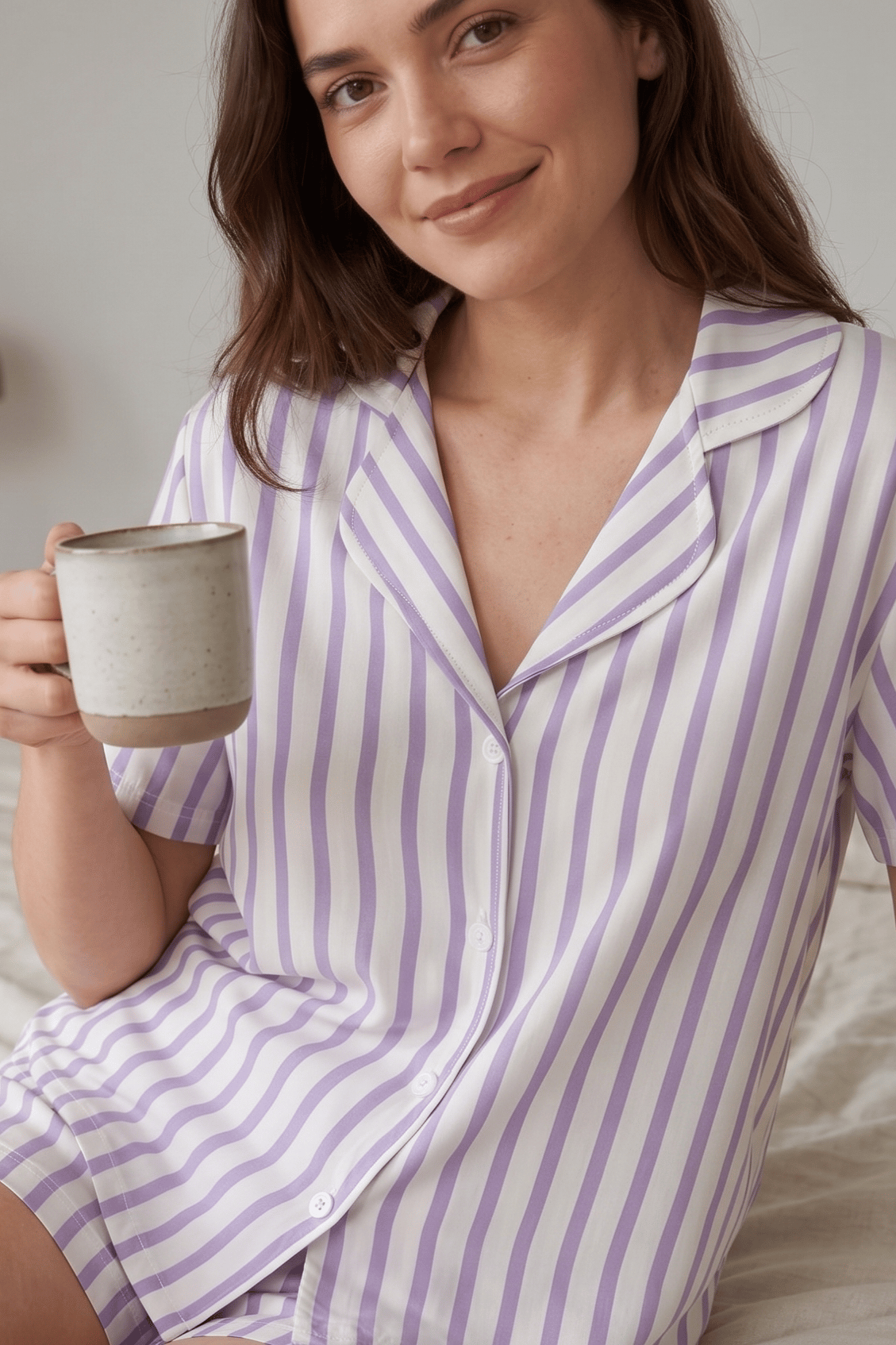 Lila Beyaz Çizgili Kısa Kollu Şortlu Kadın Pijama Takımı, Şerit Desenli Pijama Seti