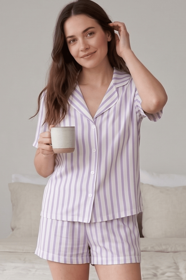 Lila Beyaz Çizgili Kısa Kollu Şortlu Kadın Pijama Takımı, Şerit Desenli Pijama Seti
