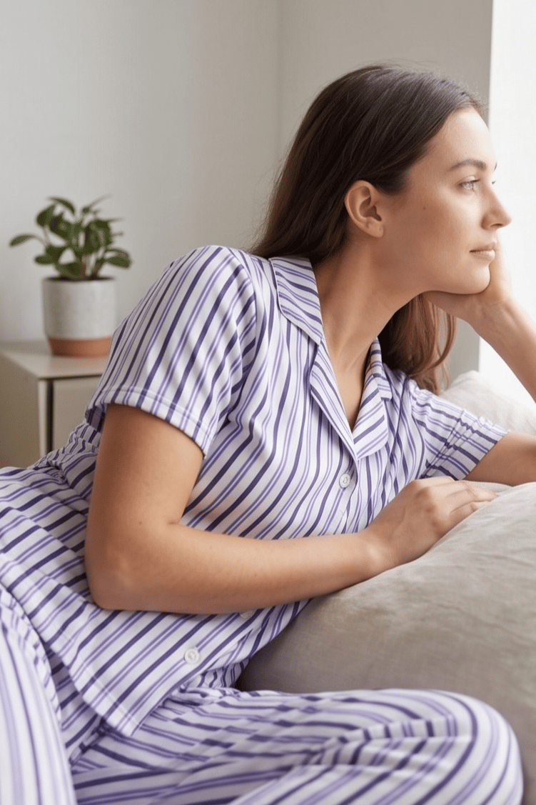 Lila Beyaz Mor İnce Çizgili Pijama Takımı, Düğmeli Kısa Kollu Şeritli Pijama Seti