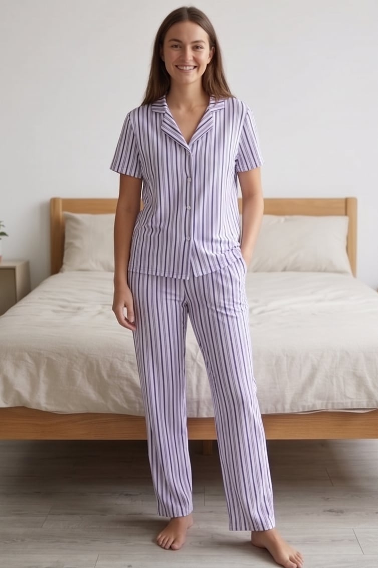 Lila Beyaz Mor İnce Çizgili Pijama Takımı, Düğmeli Kısa Kollu Şeritli Pijama Seti