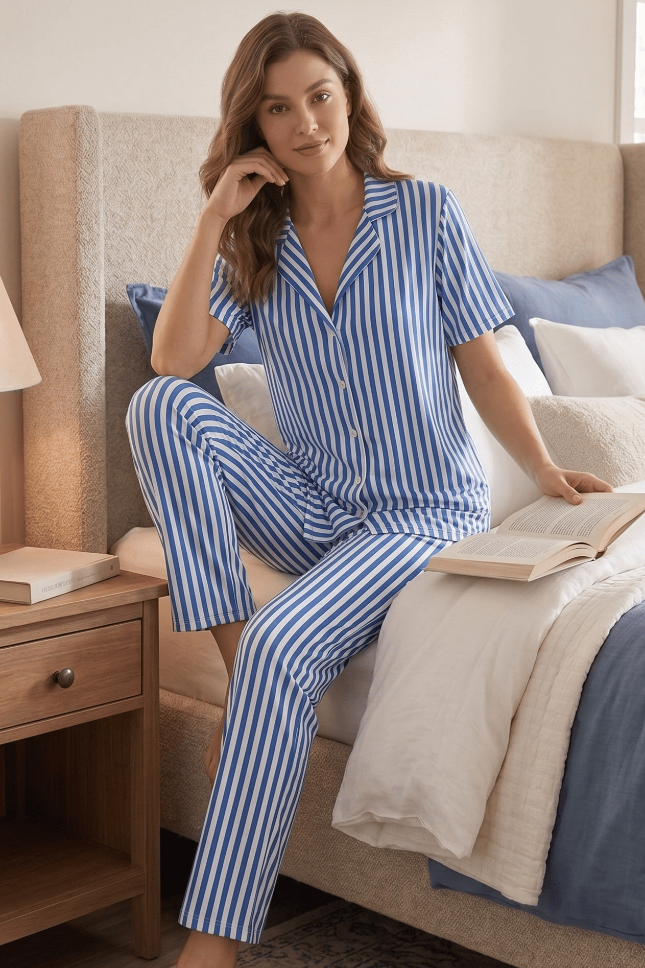 Mavi Beyaz Çizgili Pijama Takımı, Düğmeli Kısa Kollu Şeritli Pijama Seti