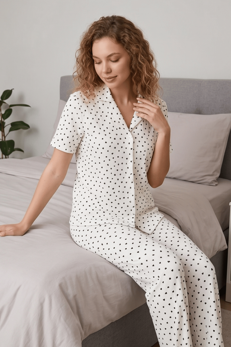 Minik Kalp Desenli Beyaz Kısa Kollu Pijama Takımı
