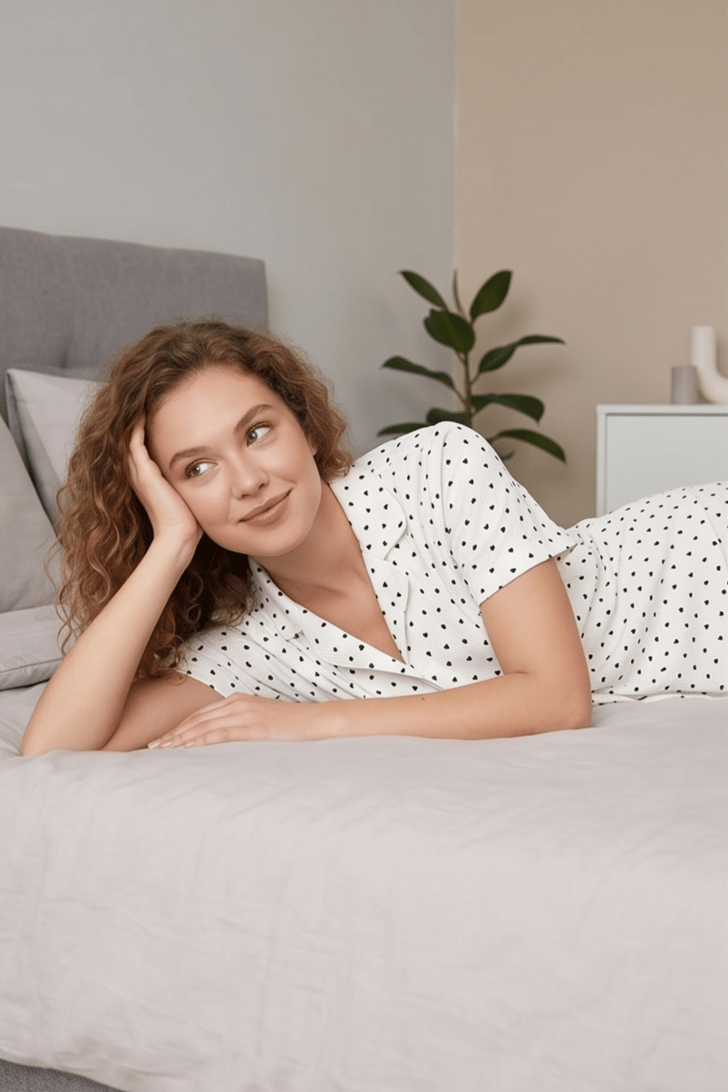 Minik Kalp Desenli Beyaz Kısa Kollu Pijama Takımı