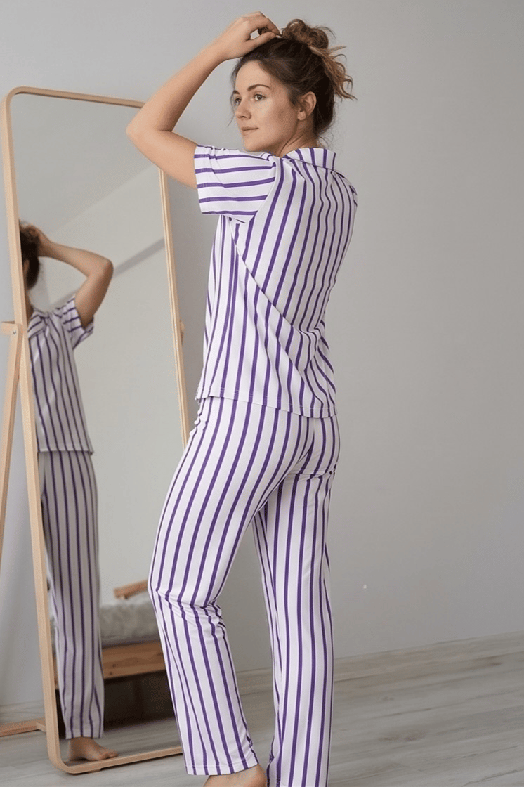 Mor Beyaz Çizgili Pijama Takımı, Düğmeli Kısa Kollu Şeritli Pijama Seti