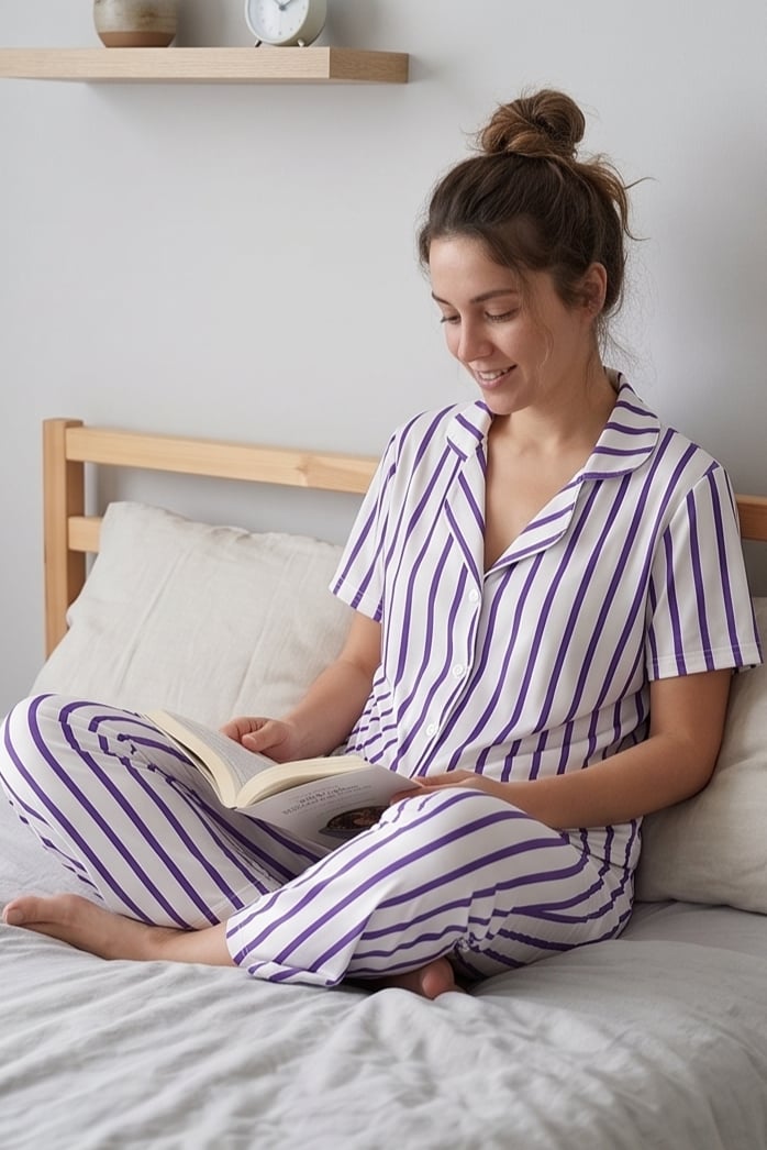 Mor Beyaz Çizgili Pijama Takımı, Düğmeli Kısa Kollu Şeritli Pijama Seti