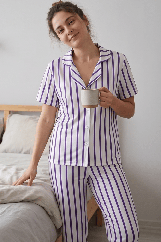 Mor Beyaz Çizgili Pijama Takımı, Düğmeli Kısa Kollu Şeritli Pijama Seti