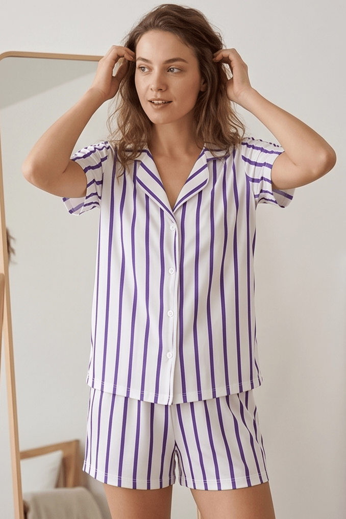 Mor Beyaz Çizgili Şortlu Kadın Pijama Takımı, Şerit Desenli Pijama Seti