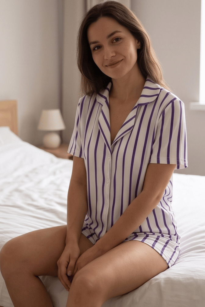 Mor Beyaz Çizgili Şortlu Kadın Pijama Takımı, Şerit Desenli Pijama Seti