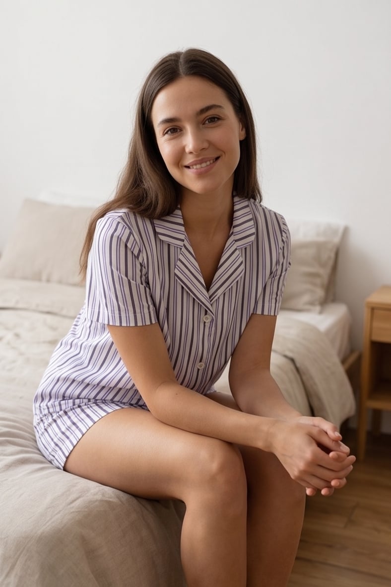 Mor Lila Beyaz İnce Çizgili Şortlu Kadın Pijama Takımı, Şerit Desenli Pijama Seti