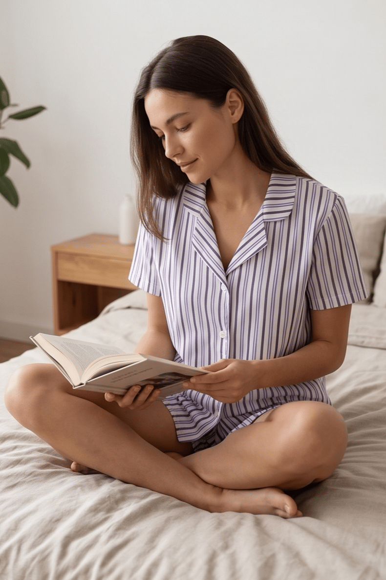 Mor Lila Beyaz İnce Çizgili Şortlu Kadın Pijama Takımı, Şerit Desenli Pijama Seti