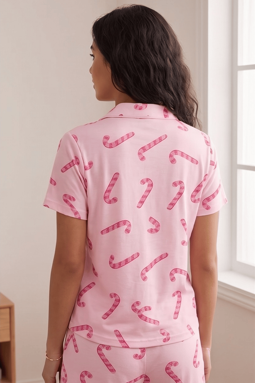 Pembe Baston Şeker Desenli Şortlu Pijama Takımı