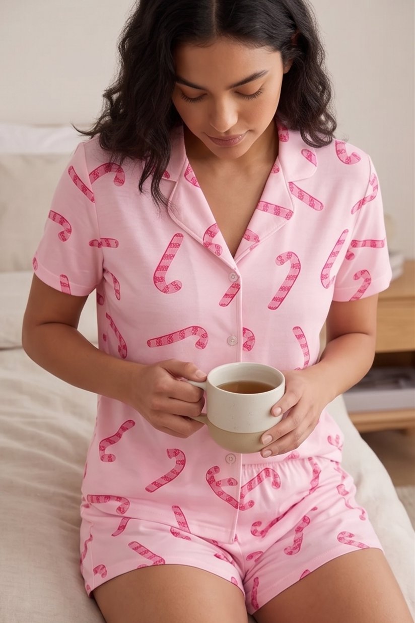 Pembe Baston Şeker Desenli Şortlu Pijama Takımı