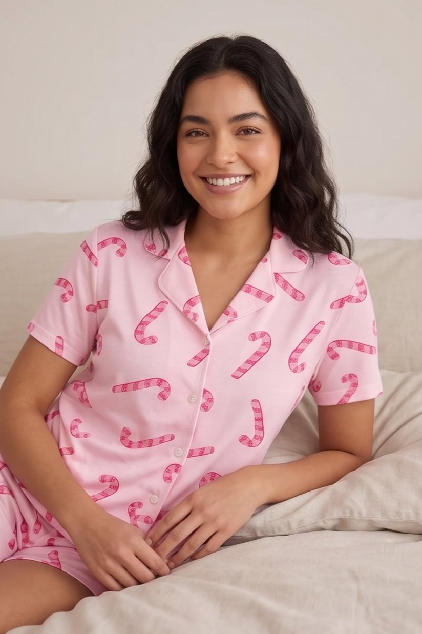 Pembe Baston Şeker Desenli Şortlu Pijama Takımı