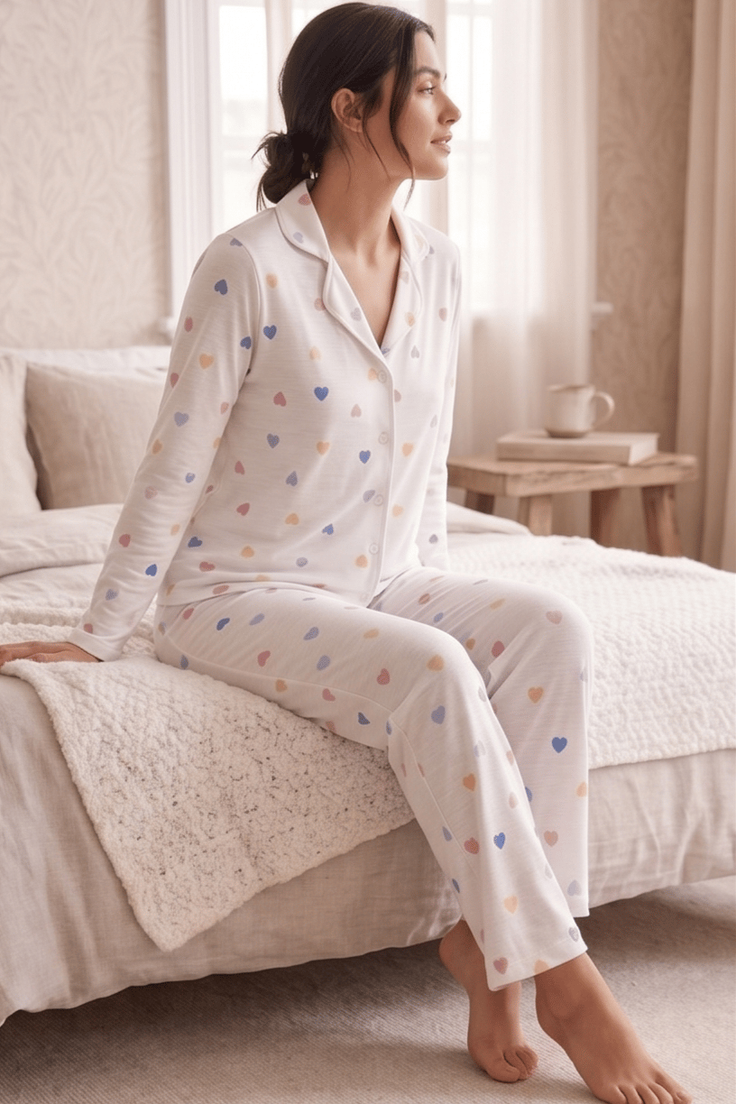 :Renkli Kalp Desenli Beyaz Kısa Kollu Pijama Takımı
