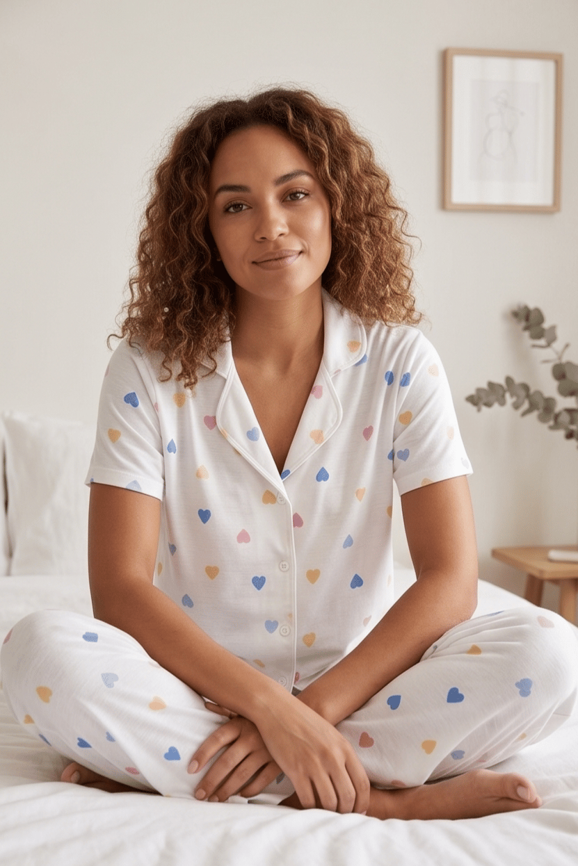 Renkli Kalp Desenli Kısa Kollu Beyaz Pijama Takımı