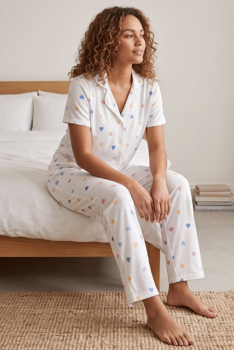Renkli Kalp Desenli Kısa Kollu Beyaz Pijama Takımı