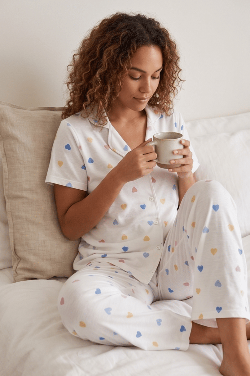 Renkli Kalp Desenli Kısa Kollu Beyaz Pijama Takımı