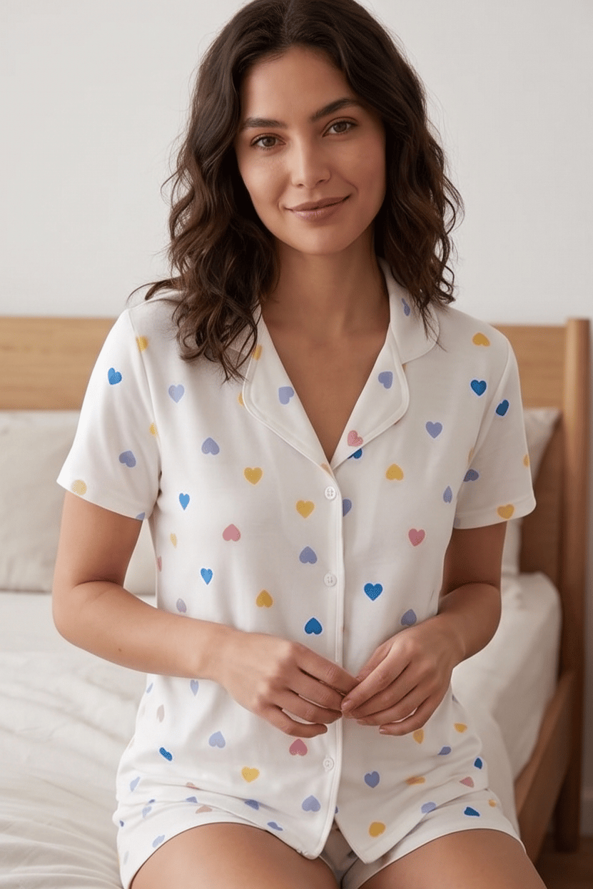 Renkli Kalp Desenli Kısa Kollu Şortlu Beyaz Pijama Takımı