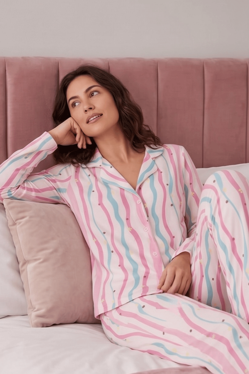 Renkli Şeritli Yıldız ve Kalp Desenli Kısa Kollu Pijama Takımı