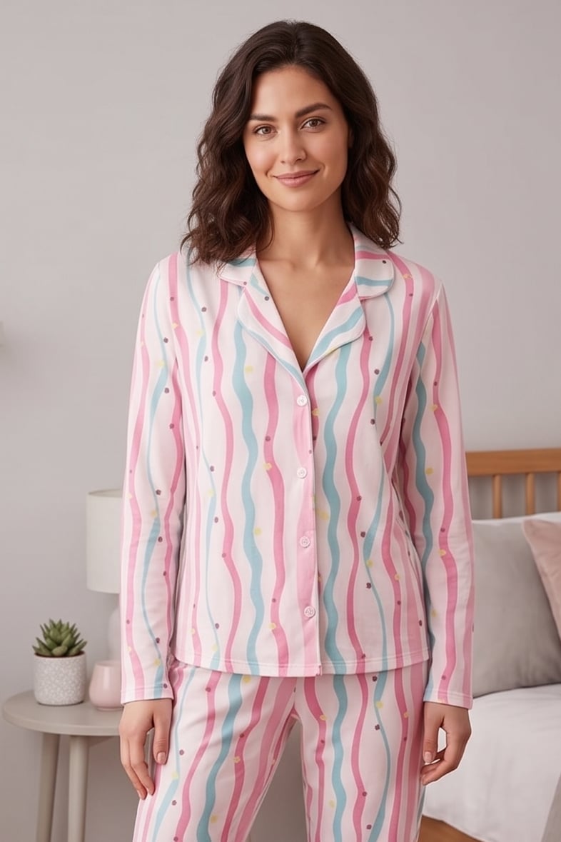 Renkli Şeritli Yıldız ve Kalp Desenli Kısa Kollu Pijama Takımı