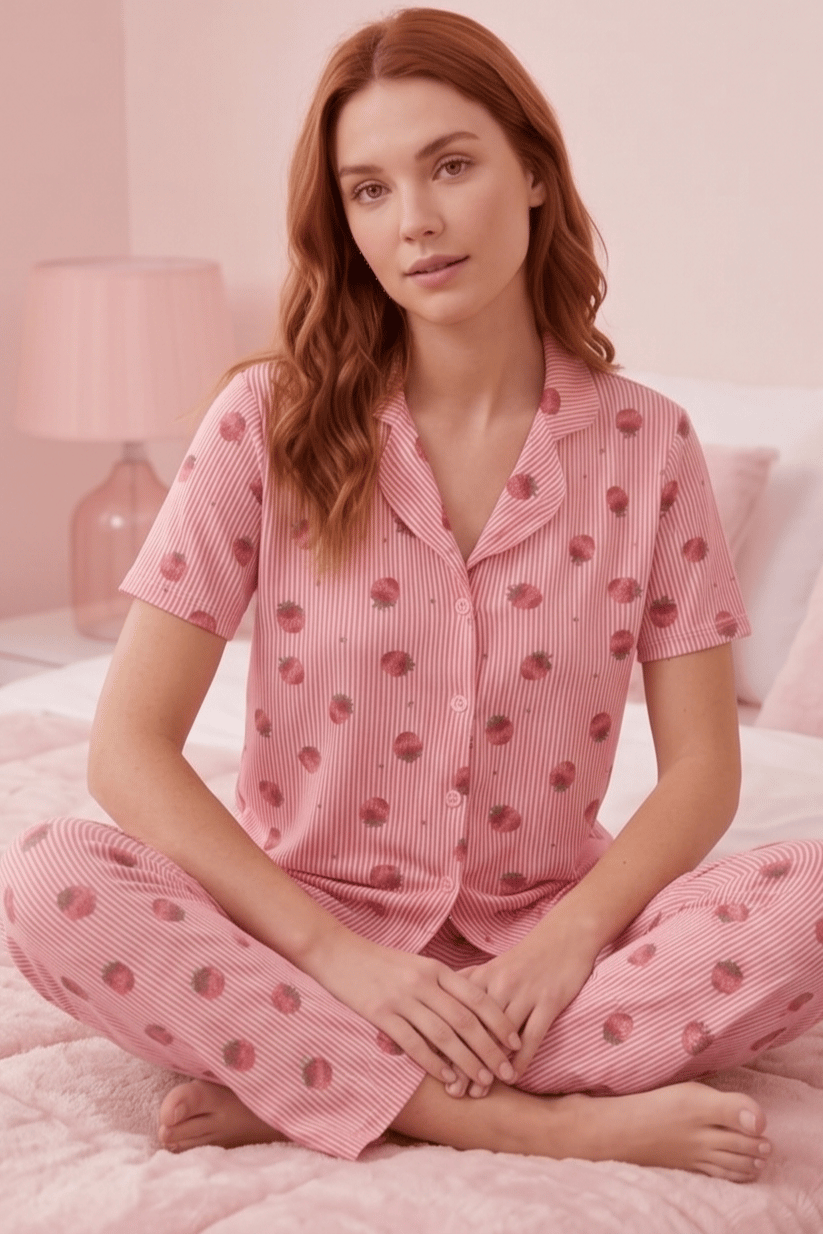 Şeritli Çilek Desenli Pembe Kısa Kollu Pijama Takımı