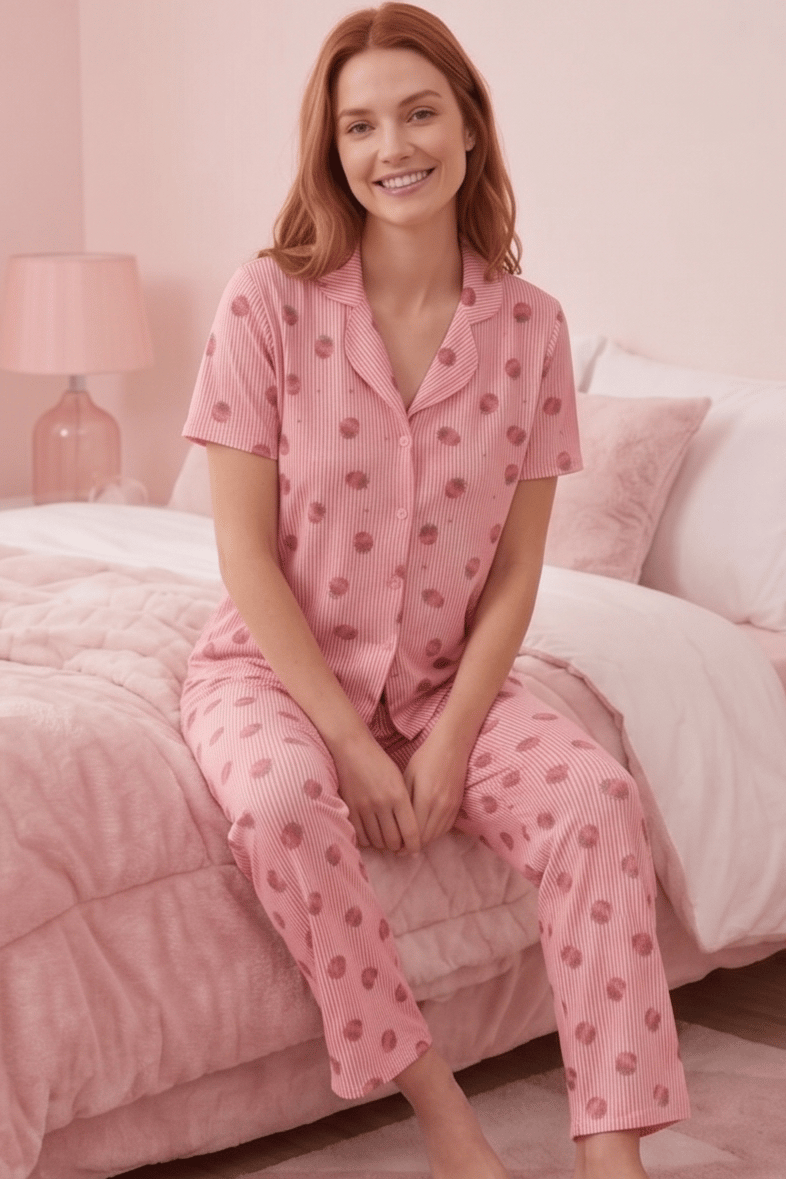 Şeritli Çilek Desenli Pembe Kısa Kollu Pijama Takımı