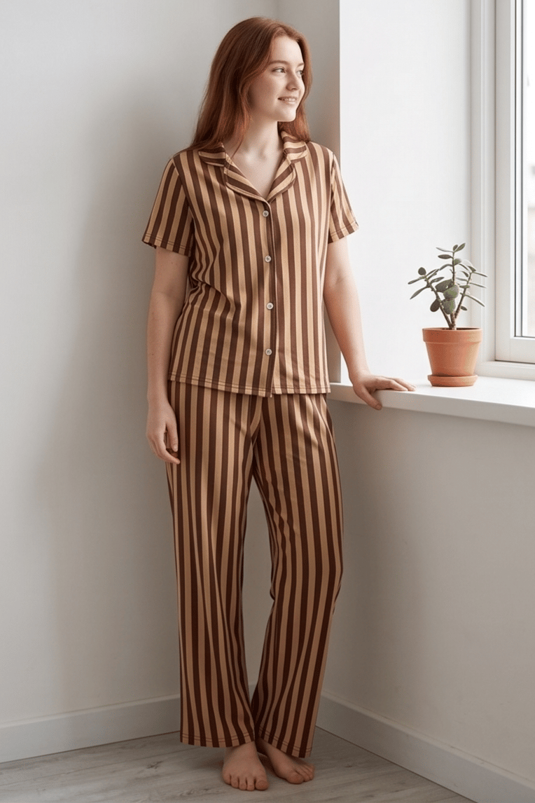 Sütlü Kahve-K.Kahve Çizgili Pijama Takımı, Düğmeli Kısa Kollu Şeritli Pijama Seti