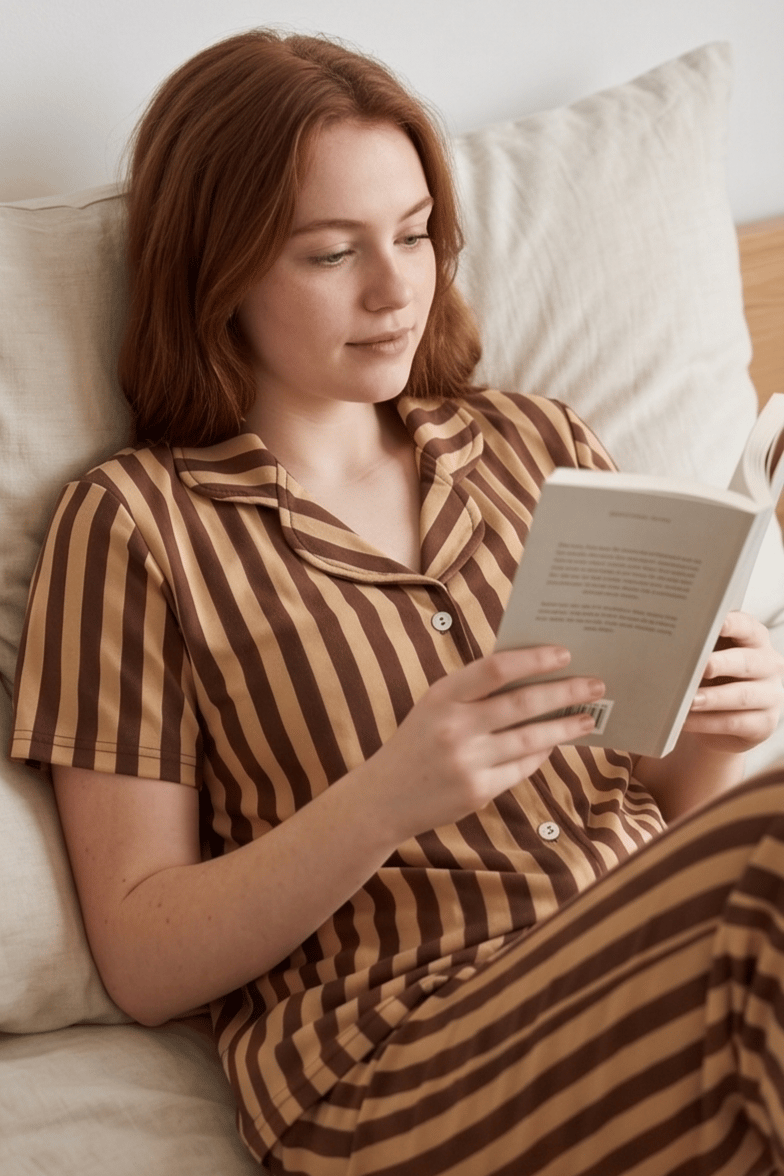 Sütlü Kahve-K.Kahve Çizgili Pijama Takımı, Düğmeli Kısa Kollu Şeritli Pijama Seti